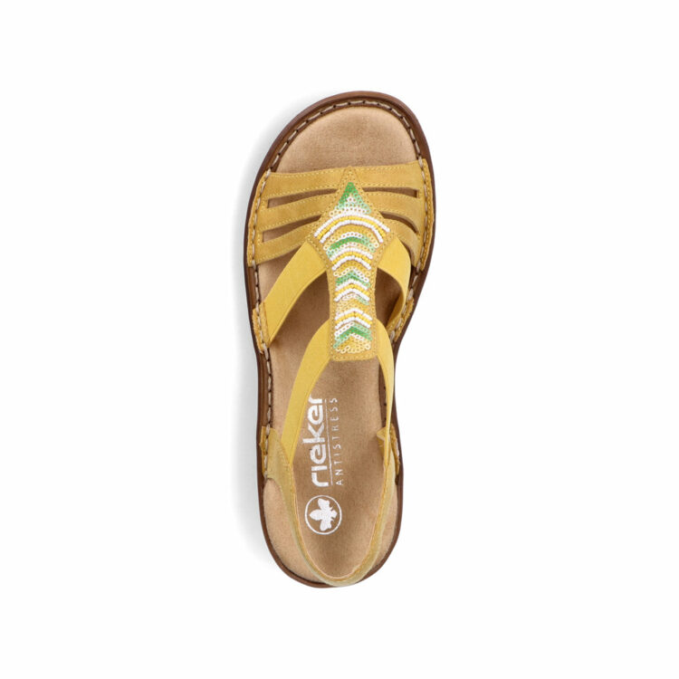 Sandales jaunes pour femme de la marque Rieker. Référence : 62808-68 Jalapa. Disponible chez Chauss'Family magasin de chaussures à Issoire.