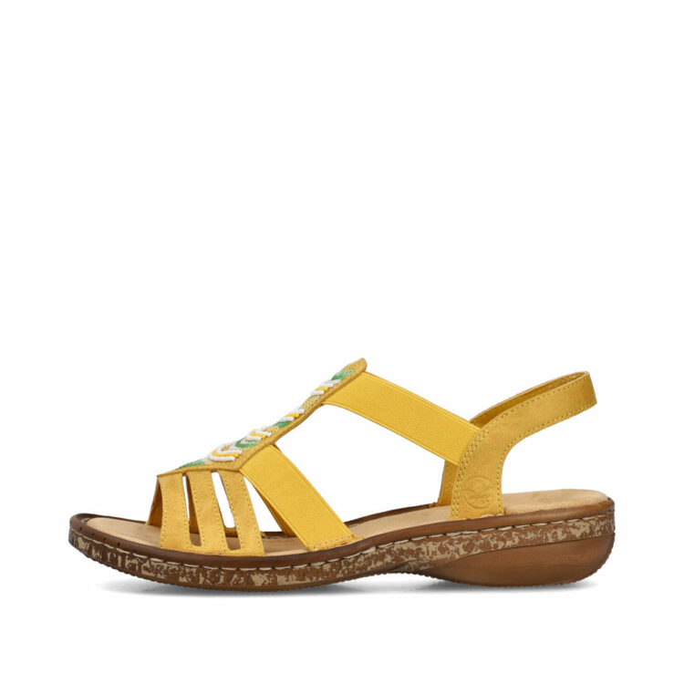 Sandales jaunes pour femme de la marque Rieker. Référence : 62808-68 Jalapa. Disponible chez Chauss'Family magasin de chaussures à Issoire.
