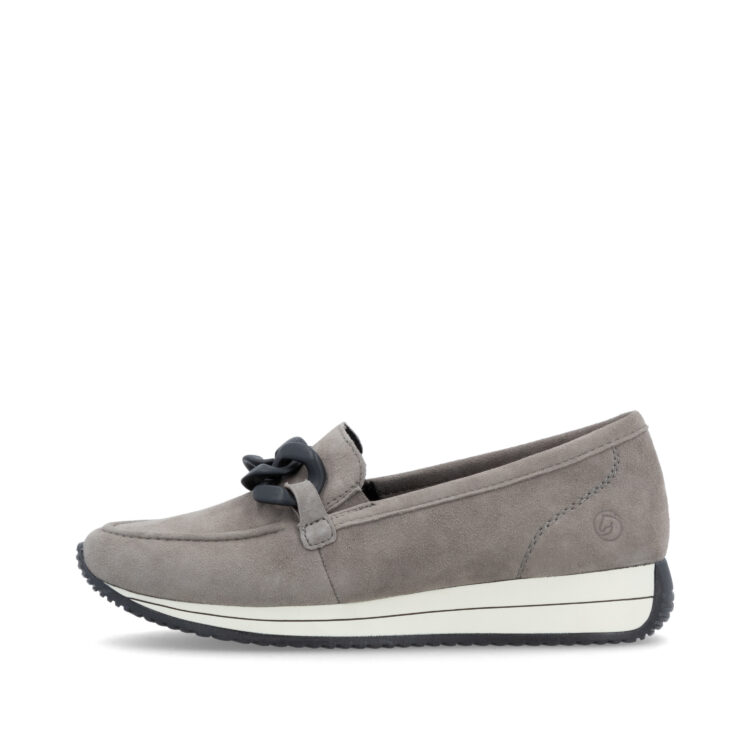 Mocassins gris pour femme de la marque Remonte. Référence D0H10-42 Maus. Disponible chez Chauss'Family magasin de chaussures à Issoire.