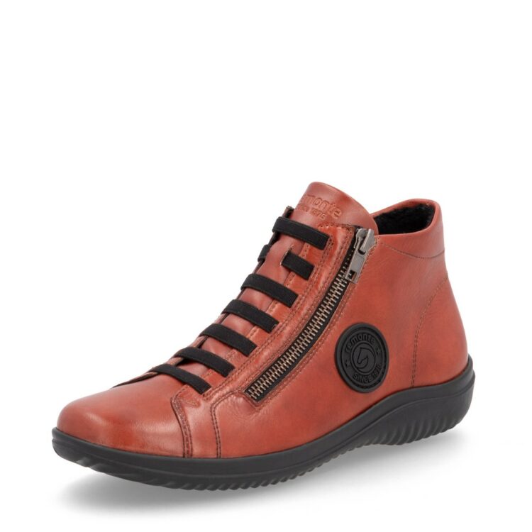 Baskets montantes orange pour femme marque Remonte. Référence D1E70-38 Ziegel. Disponible chez Chauss'Family magasin de chaussures Issoire.