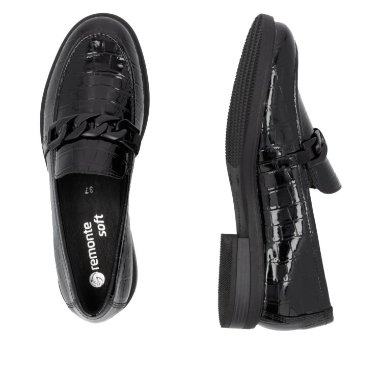 Mocassins noirs pour femme de la marque Remonte. Référence D1U00-00 Black. Disponible chez Chauss'Family magasin de chaussures à Issoire.