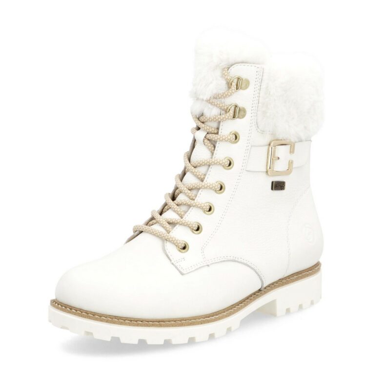 Bottines blanches à lacets pour femme marque Remonte. Référence D8481-80 White. Disponible chez Chauss'Family magasin de chaussures Issoire.