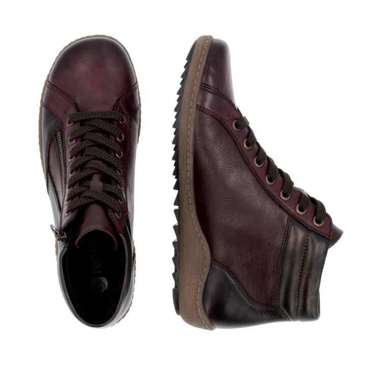 Baskets montantes bordeaux pour femme marque Remonte. Référence R1458-35 Vino. Disponible chez Chauss'Family magasin de chaussures Issoire