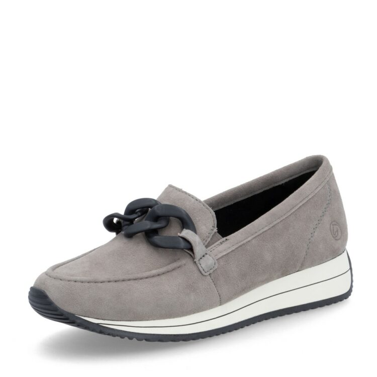 Mocassins gris pour femme de la marque Remonte. Référence D0H10-42 Maus. Disponible chez Chauss'Family magasin de chaussures à Issoire.