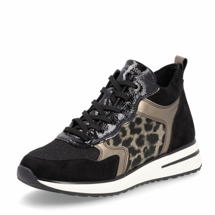 Baskets montantes léopard pour femme marque Remonte. Référence D1G71-03 Schwarz. Disponible chez Chauss'Family magasin de chaussures Issoire