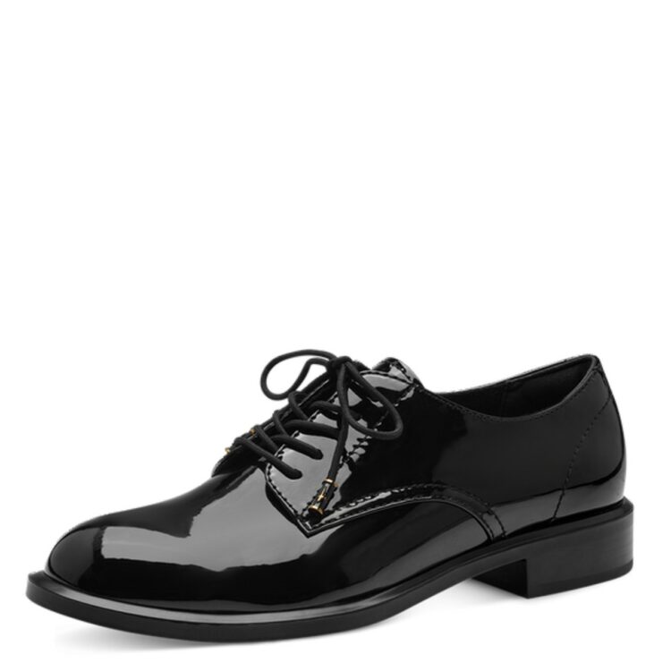 Derbies noires de la marque Tamaris. Référence 23315-43 018 Black Patent. Disponible chez Chauss'Family magasin de chaussures à Issoire.