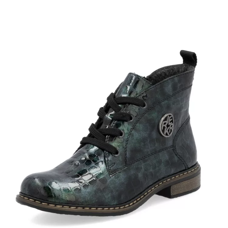 Bottines vertes croco pour femme marque Rieker. Référence 71205-90 Blau-Gruen. Disponible chez Chauss'Family magasin de chaussures Issoire.