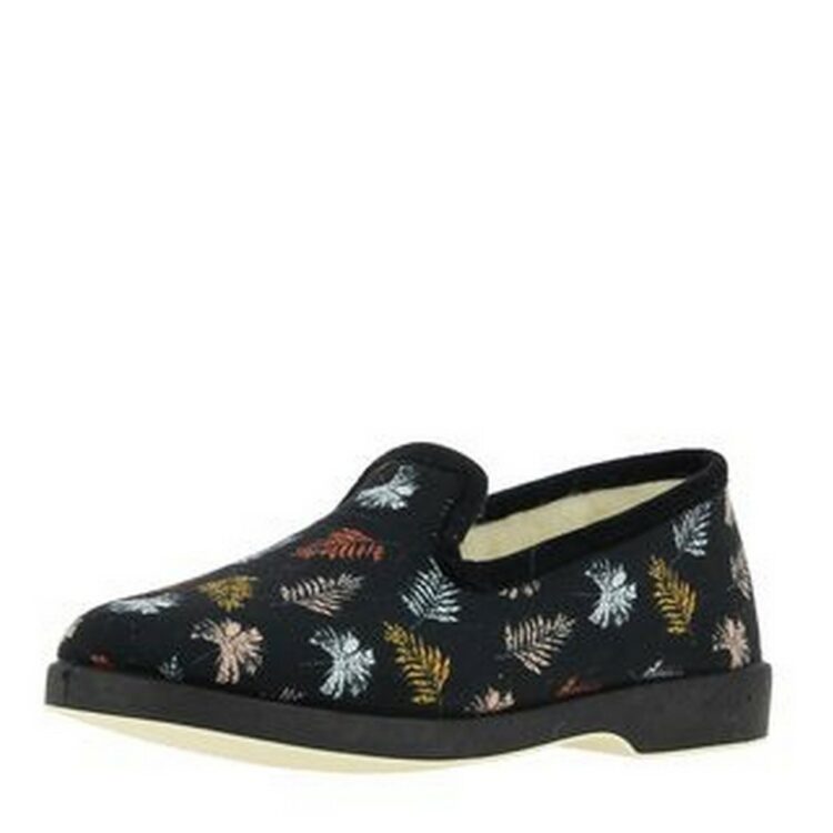 Charentaises motif feuilles femme marque La maison de l'espadrille référence 7648 Noir. Disponible chez Chauss'Family magasin de chaussures à Issoire