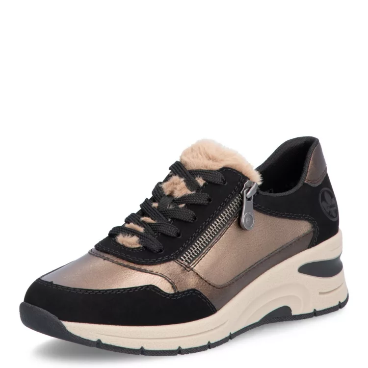 Baskets noir et bronze compensées pour femme marque Rieker. Référence N9301-90 Schwarz bronze. Disponible chez Chauss'Family magasin de chaussures à Issoire