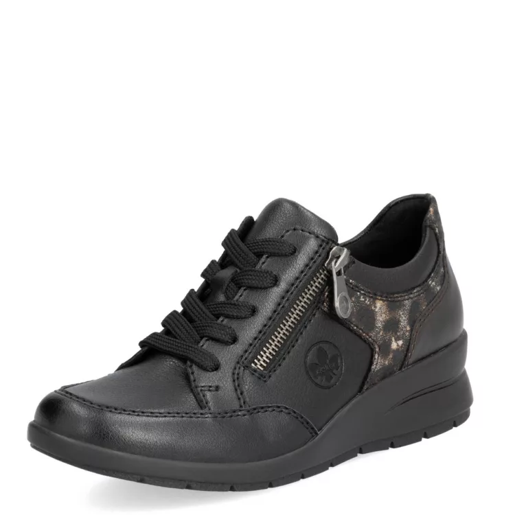 Baskets noires compensées pour femme marque Rieker. Référence L4801-00 Schwarz. Disponible chez Chauss'Family magasin de chaussures Issoire