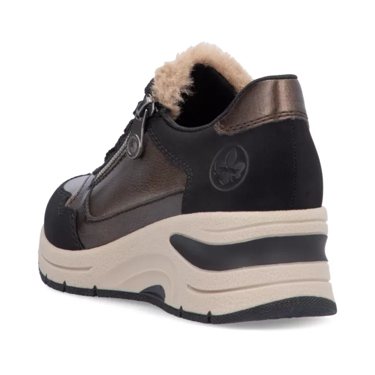 Baskets noir et bronze compensées pour femme marque Rieker. Référence N9301-90 Schwarz bronze. Disponible chez Chauss'Family magasin de chaussures à Issoire