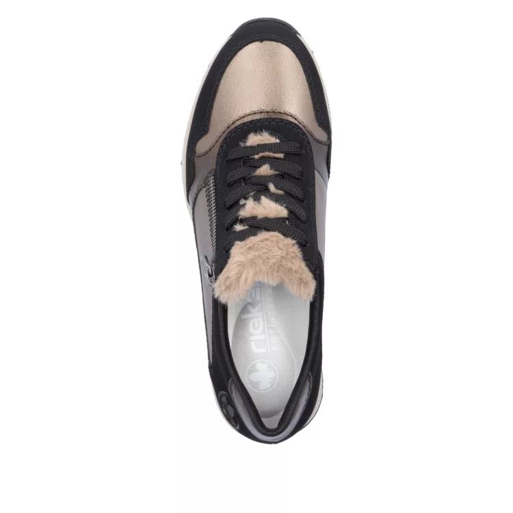 Baskets noir et bronze compensées pour femme marque Rieker. Référence N9301-90 Schwarz bronze. Disponible chez Chauss'Family magasin de chaussures à Issoire