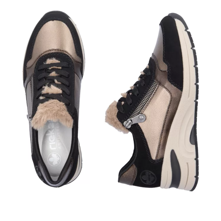 Baskets noir et bronze compensées pour femme marque Rieker. Référence N9301-90 Schwarz bronze. Disponible chez Chauss'Family magasin de chaussures à Issoire