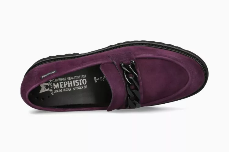 Mocassins violets pour femme marque Mephisto. Référence Salka Purple 12272N. Disponible chez Chauss'Family magasin de chaussures à Issoire.