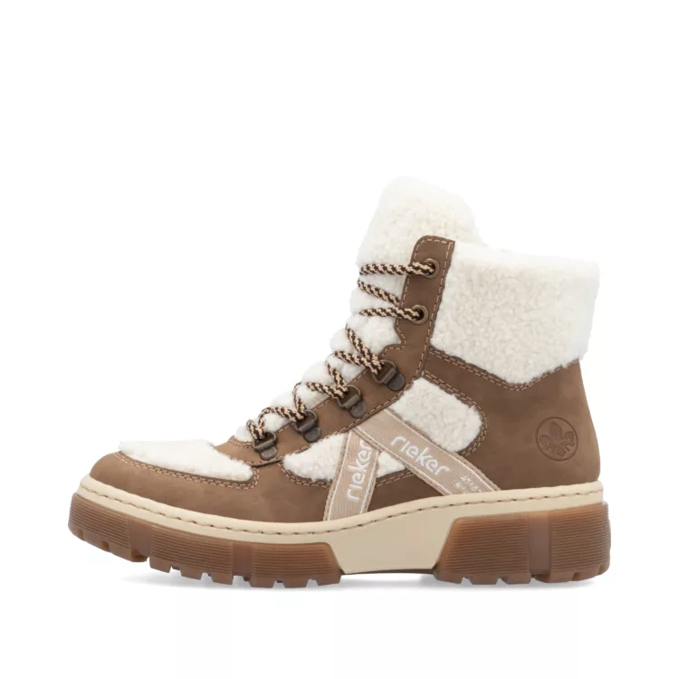 Bottines marron et beige chaudes pour femme marque Rieker. Référence X8611-60 Wood/off white. Disponible chez Chauss'Family magasin de chaussures Issoire.