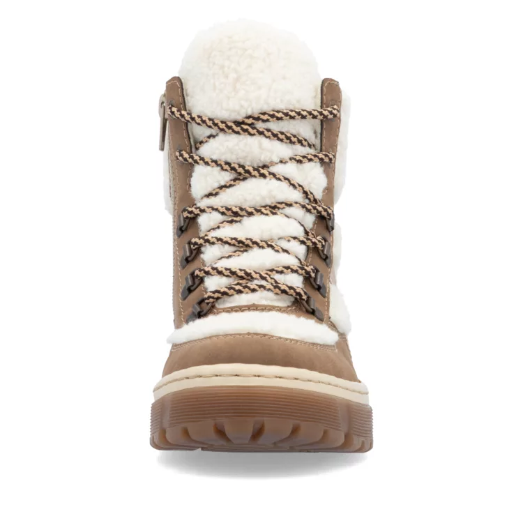 Bottines marron et beige chaudes pour femme marque Rieker. Référence X8611-60 Wood/off white. Disponible chez Chauss'Family magasin de chaussures Issoire.