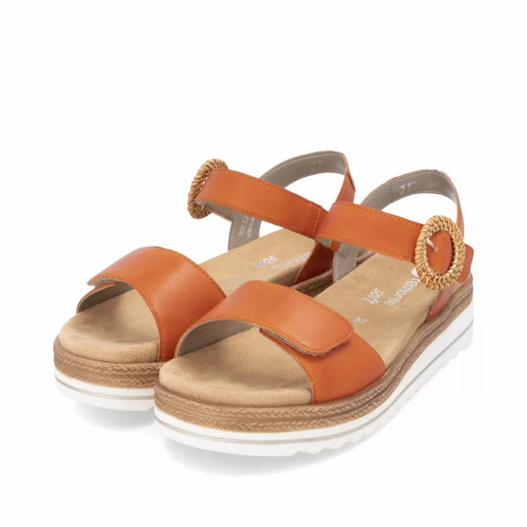 Sandales orange réglables avec semelles amovibles pour femme de la marque Remonte. Référence : D0Q52-39 Pumpkin. Disponible chez Chauss'Family à Issoire.