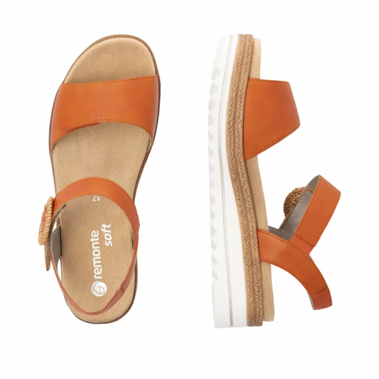 Sandales orange réglables avec semelles amovibles pour femme de la marque Remonte. Référence : D0Q52-39 Pumpkin. Disponible chez Chauss'Family à Issoire.