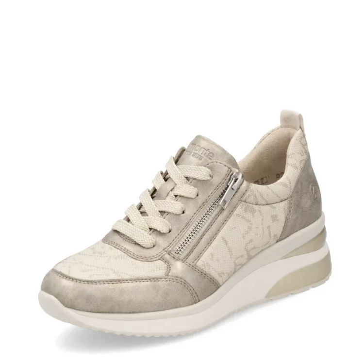 Baskets compensées beiges pour femme marque Remonte. Référence D2401-61 Perle. Disponible chez Chauss'Family magasin de chaussures à Issoire.