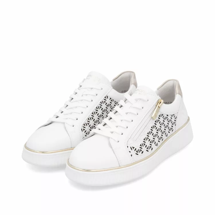 Baskets blanches pour femme de la marque Remonte. Référence D2E03-80 Weiss. Disponible chez Chauss'Family magasin de chaussures à Issoire.