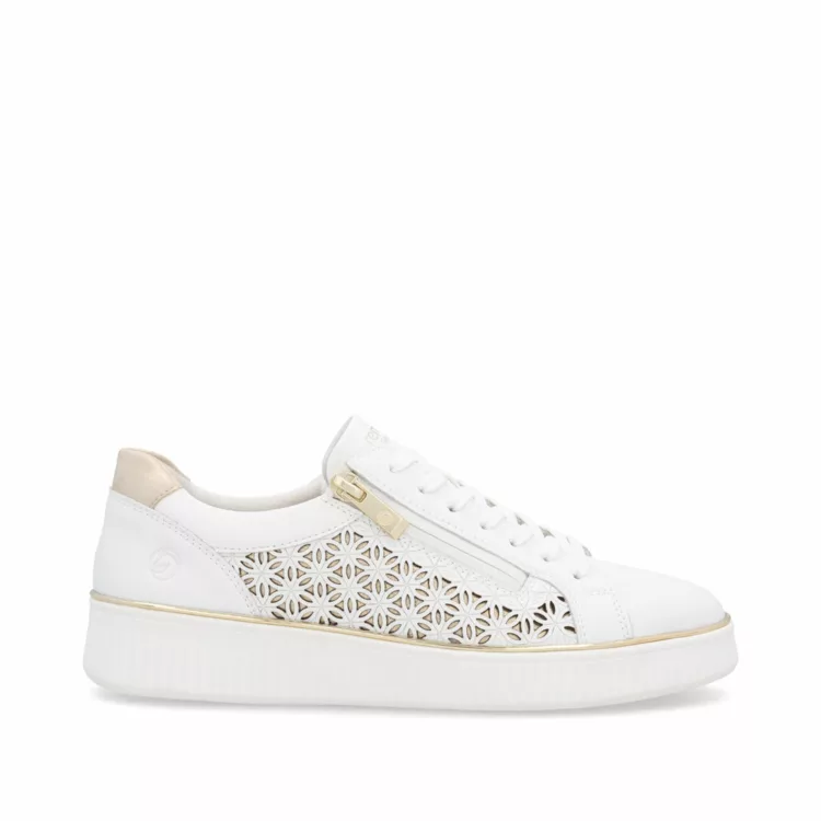 Baskets blanches pour femme de la marque Remonte. Référence D2E03-80 Weiss. Disponible chez Chauss'Family magasin de chaussures à Issoire.