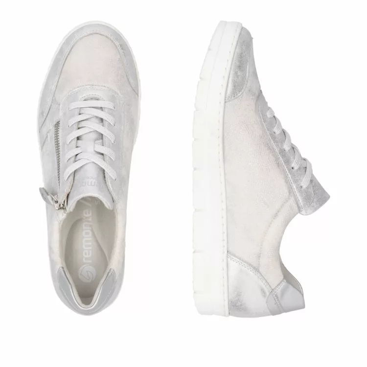 Baskets argentées souples pour femme de la marque Remonte. Référence D5831-90 Ice Weiss . Disponible chez Chauss'Family magasin de chaussures à Issoire.