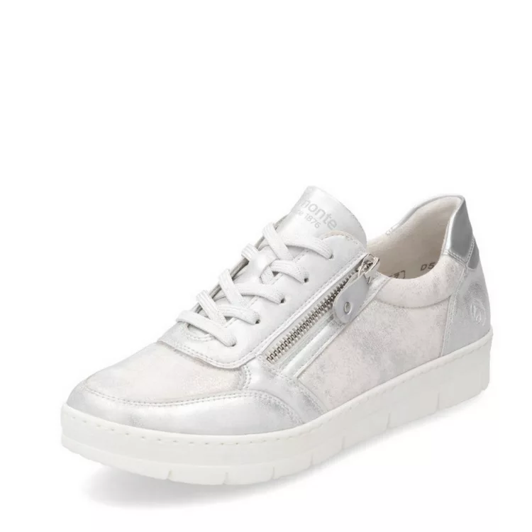 Baskets argentées souples pour femme de la marque Remonte. Référence D5831-90 Ice Weiss . Disponible chez Chauss'Family magasin de chaussures à Issoire.