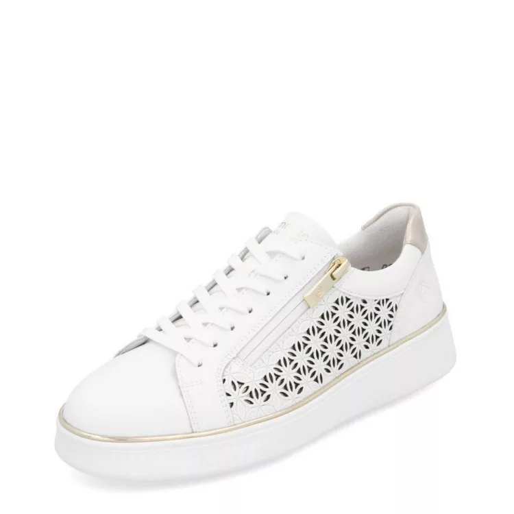 Baskets blanches pour femme de la marque Remonte. Référence D2E03-80 Weiss. Disponible chez Chauss'Family magasin de chaussures à Issoire.